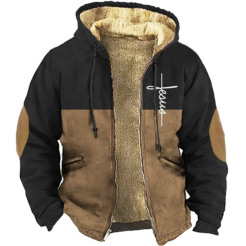 

Men's Zipper Hoodies Winter New Fleece Parka Coats Faith Cool Daily Print Jackets Sweatshirts Outerwear Hooded Zip-up Overcoats