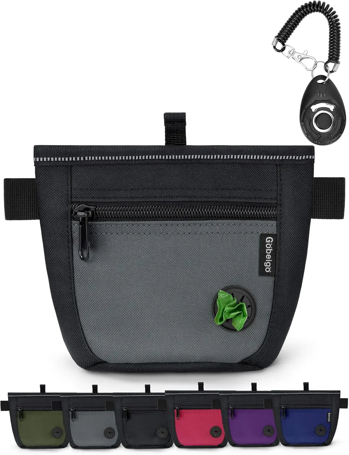 

Upgraded Dog Treat Pouch with Magnetic Closure, Training Clicker, Poop Bag Dispenser, and Waist Belt for Pet Walks (Black/Gray)