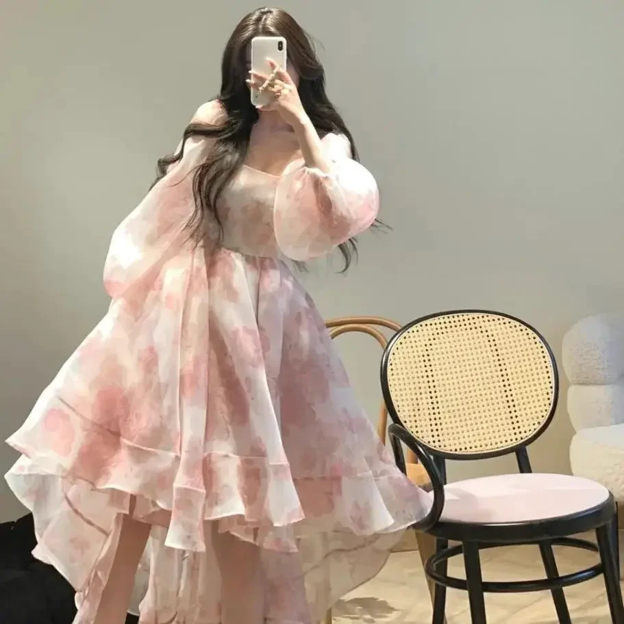 

Новинка 2025 года, винтажное милое платье миди с цветочным принтом, женское нерегулярное элегантное платье феи с пышными рукавами, женское осеннее повседневное пляжное вечернее платье