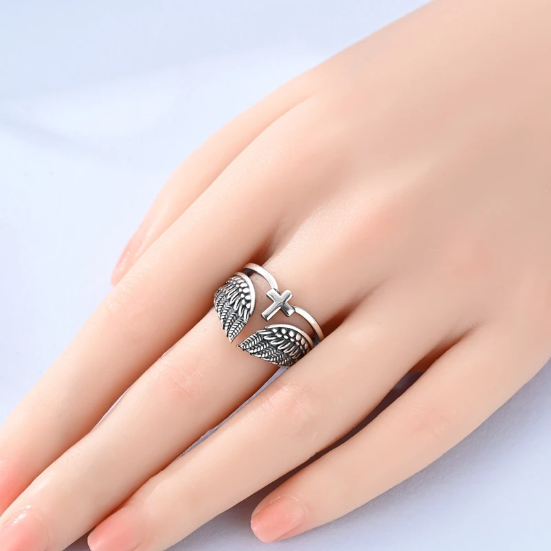 Original 925 Sterling Silver Wings Cross Open Ring For Women Adjustable Size Ring Punk Style Party Jewelry Gift - view 4