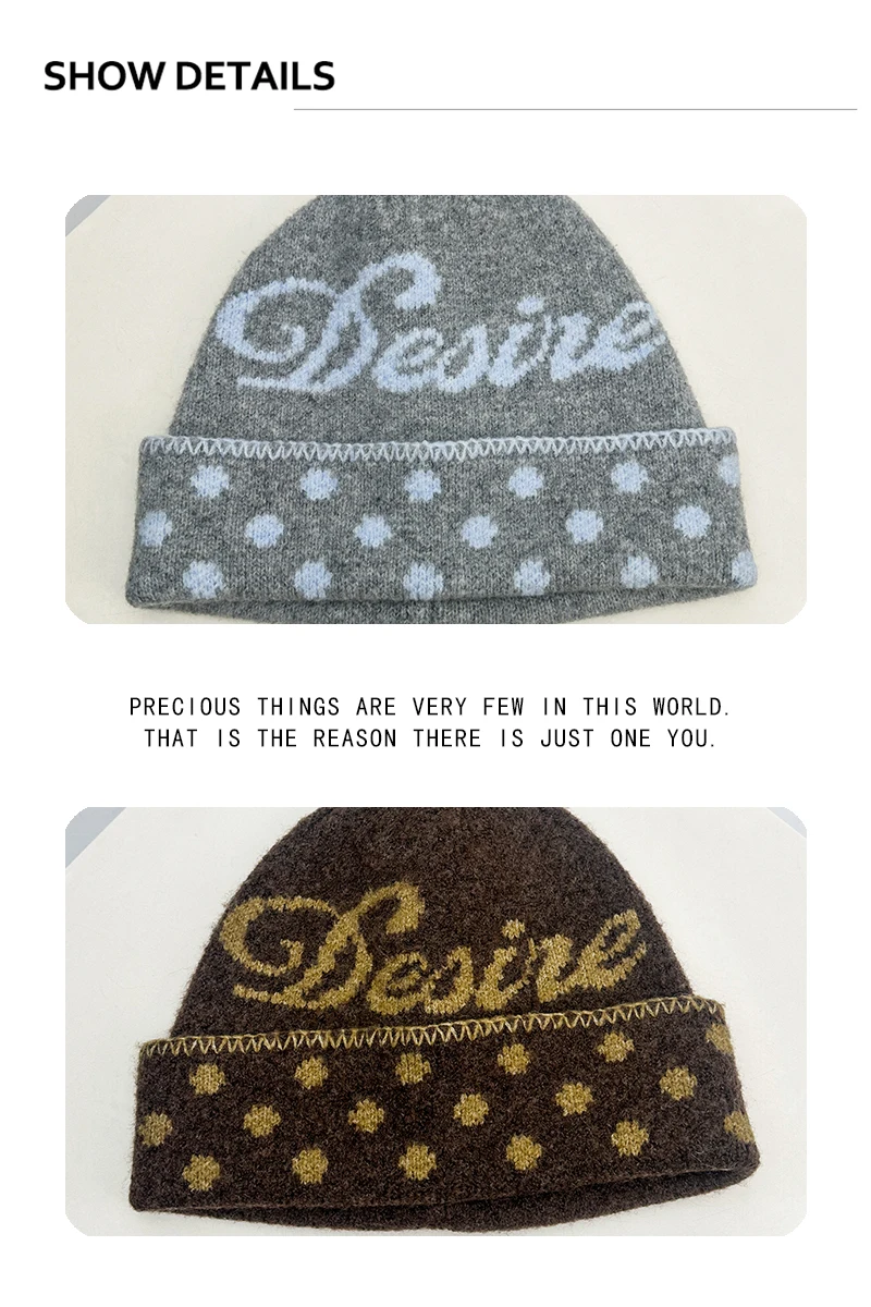 Neue Herren- und Damenmützen im amerikanischen Retro-Jacquard-Stil mit Buchstabenmuster, warme Polka-Dot-Mode-Farbblock-Beanies, vielseitig einsetzbar für den Außenbereich, persönlich gestylt. – Detail 3