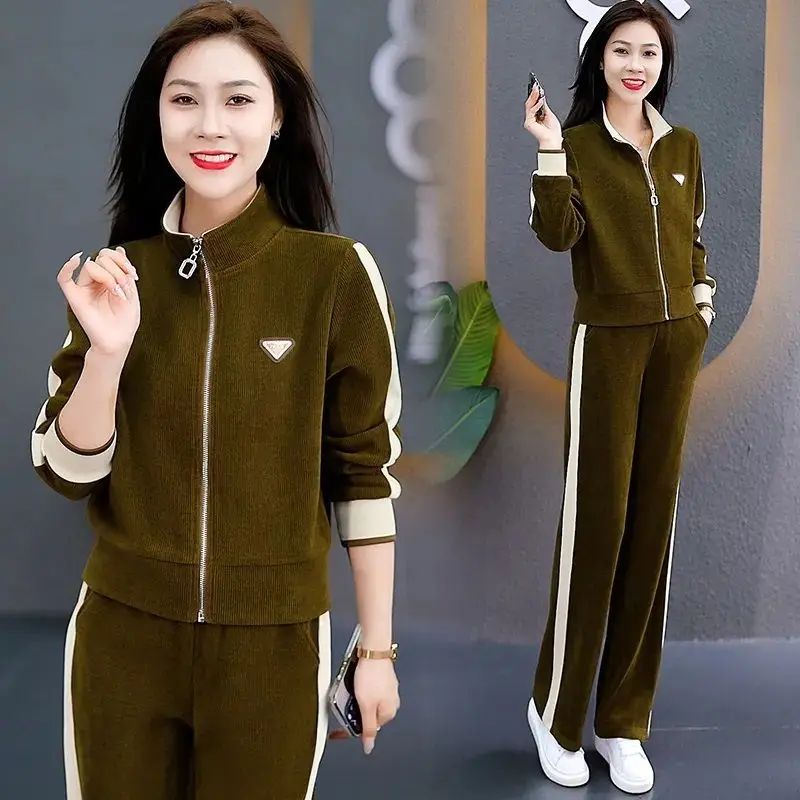 Leisure Sports Set for Women's Fall 2024 New Korean Fashion Large Size Straight Leg Trouser Two Piece Set