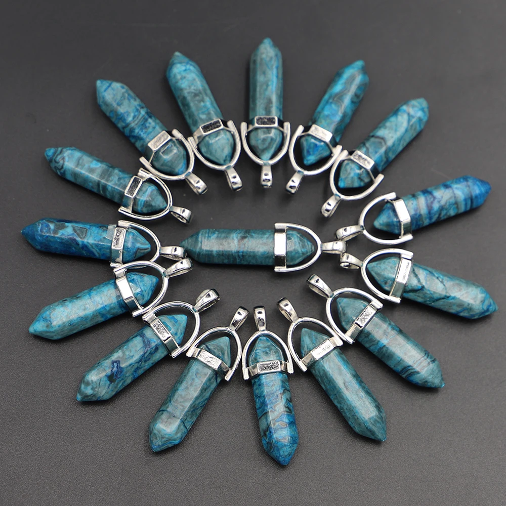 

New Blue Crazy Onyx Stone Pillar Point Pendants Agate Hexagonal Column Shape Necklace Jewelry Accessories Making Wholesale 24PCS