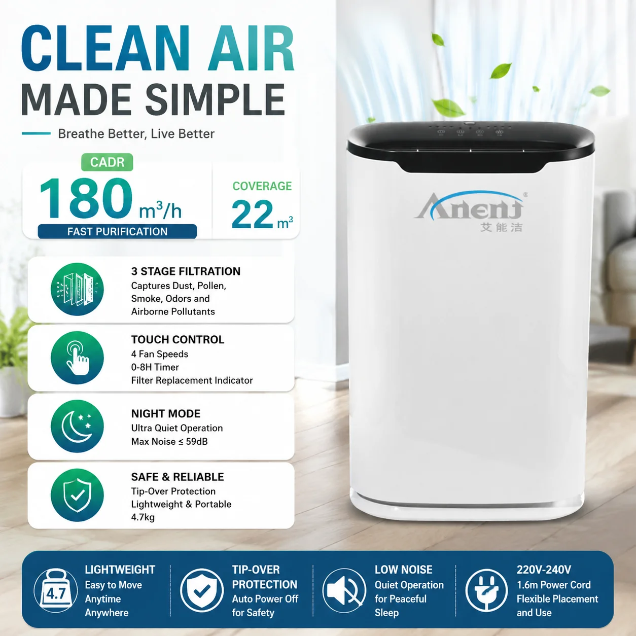 High Quality Air Purifier Portable Air Purifying Freshener Easy Moving For Small Living Space