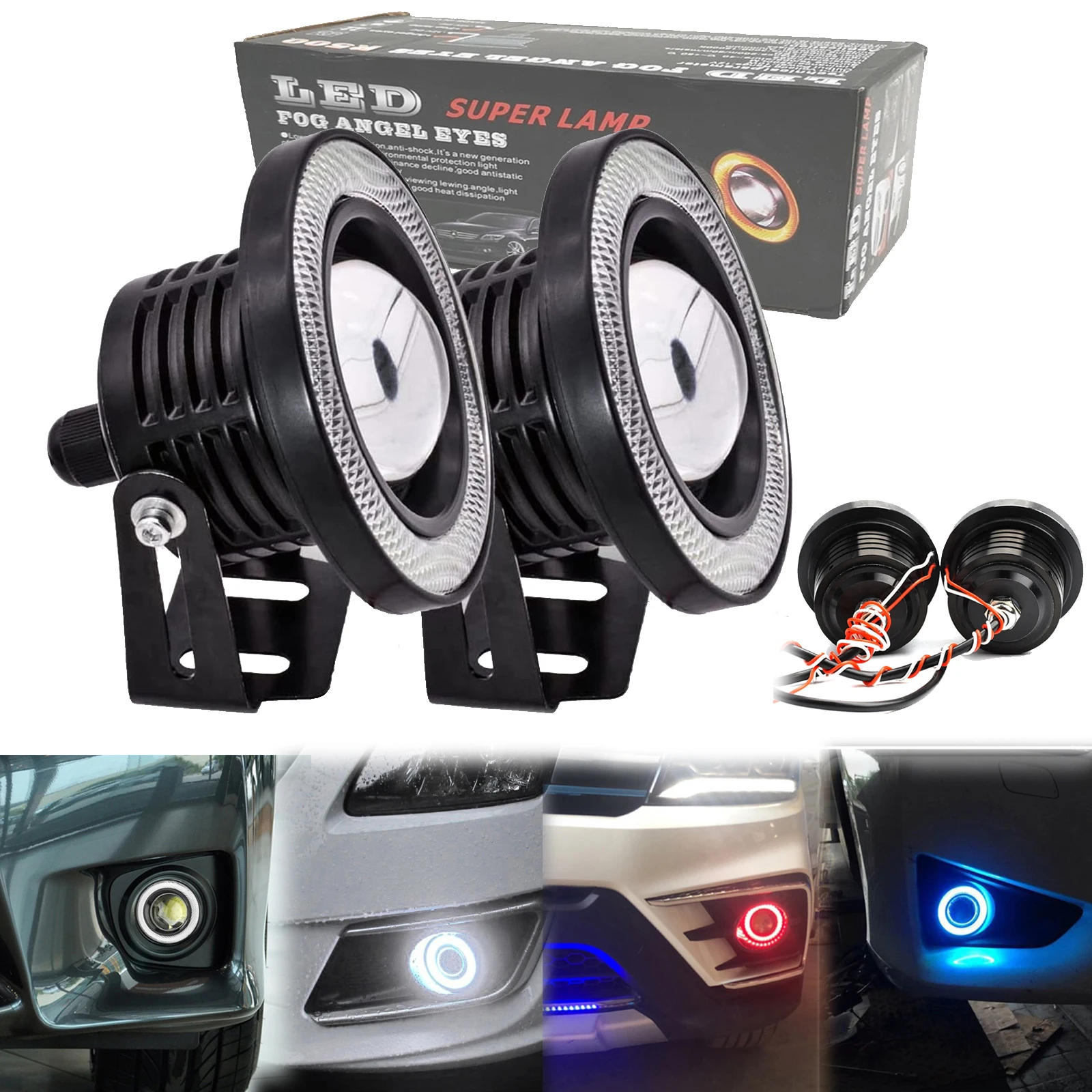 Pair Universal RGB/Yellow/White Led Fog Light with Round COB Angel Eyes Projector Lens Driving Lamp High Power Headlight Car SUV