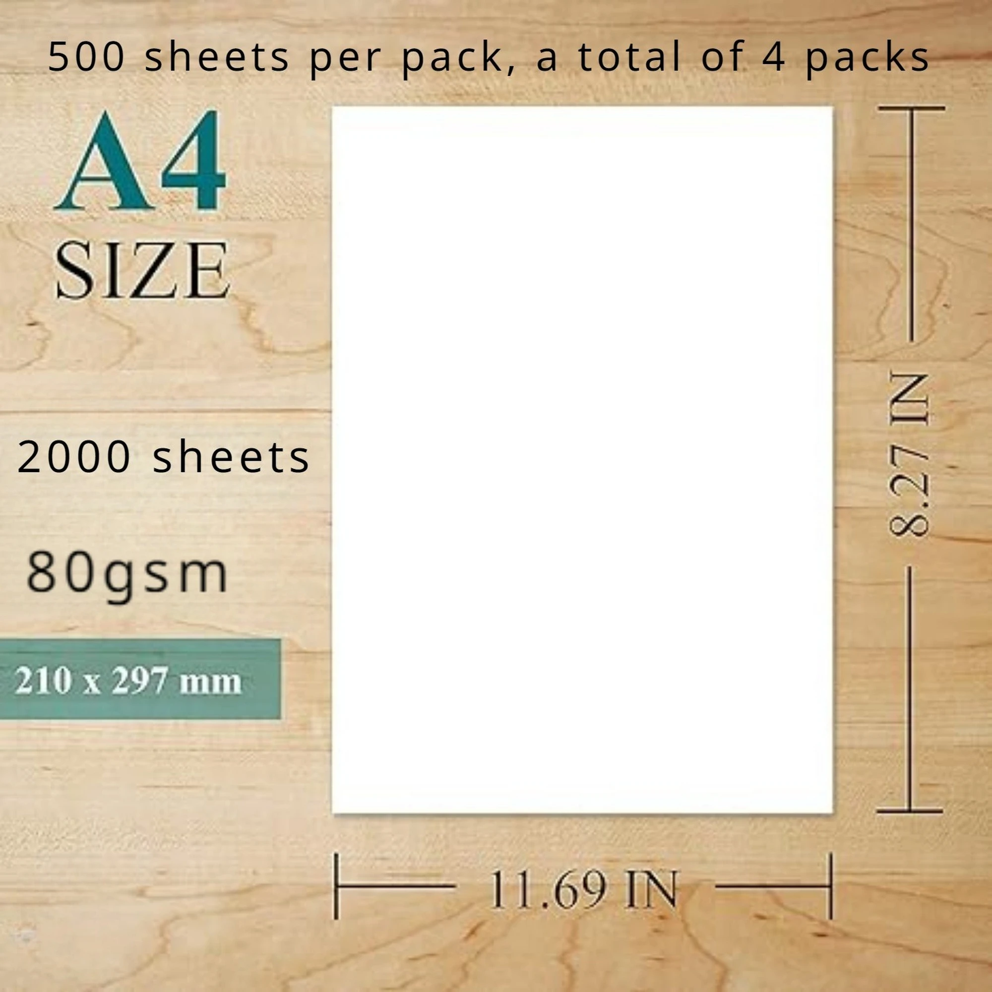 2000 sheets of A4 paper, 80GSM white paper, printer paper, used for office printing, menus, images 8.27 in x 11.69 in