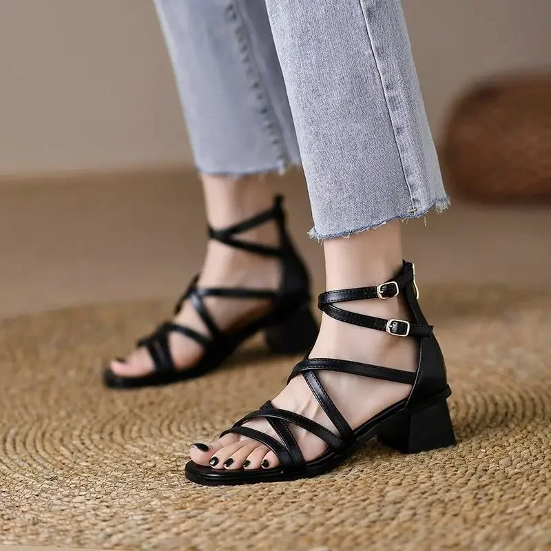 Buckles Woman Shoes Round Toe Tip Sandals for Women With Medium Heels Original Anti Slip Hot Sales Comfortable and Elegant