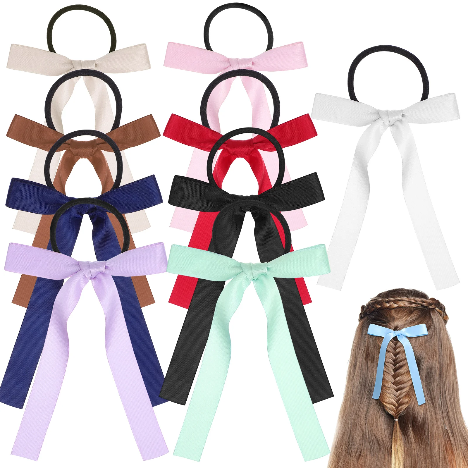 

10 Pcs Satin Bow Hair Ties White Ribbon Long Ponytail Holder Comfortable Soft Versatile Daily Parties Weddings Hair Care Styling