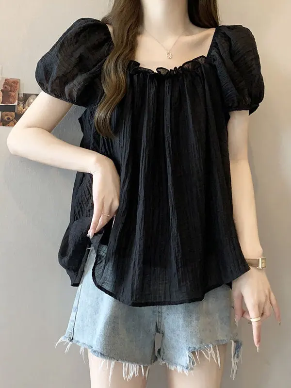 

Elegant Bubble Sleeve Chiffon Shirt Women Summer plus Size Conceal Belly Cute Doll Shirt Stylish Beautiful Top