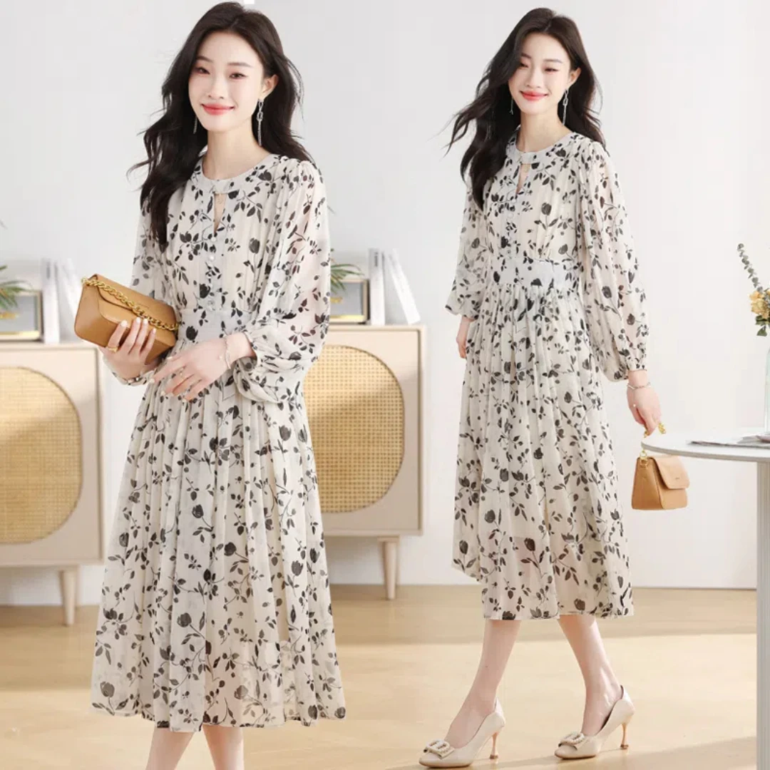 Simple Flavor Women's Floral Vintage Dress Elegant Mid-Length Evening Seven Sleeves