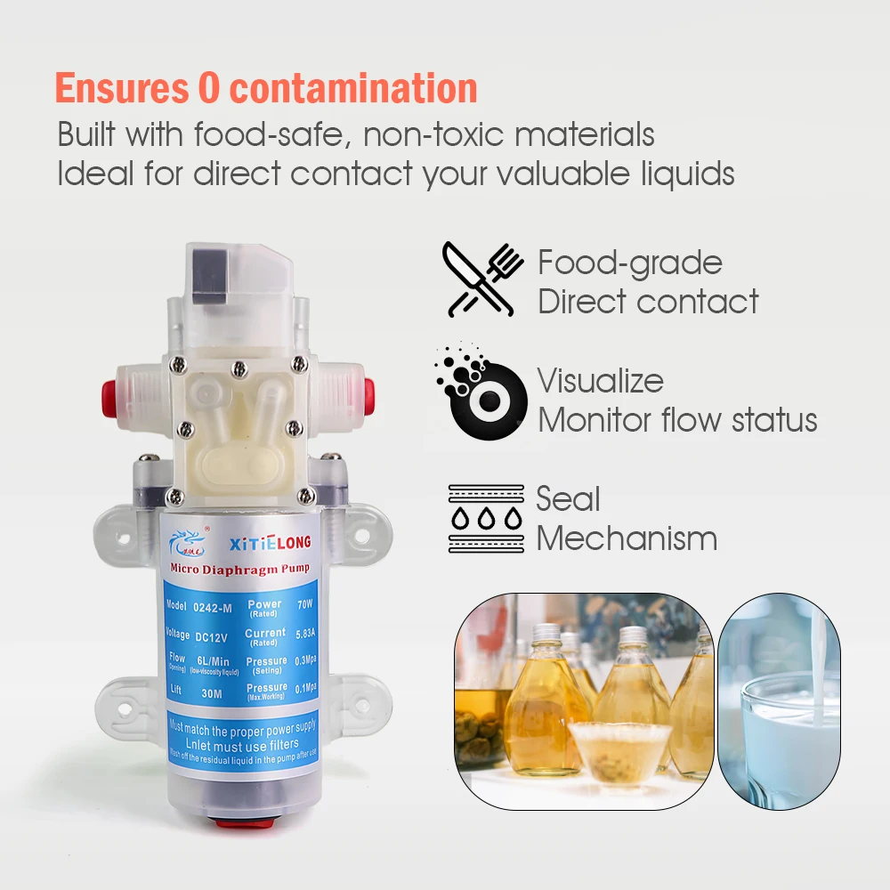 Hygienic 70W 12V DC Diaphragm Pump Food-Grade Self-Priming Pump for Brew Wine Juice Beer Making Electric Water Pump with Switch