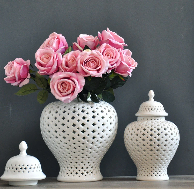 White Ceramic Ginger Jar Hollow Storage Jars with Lid Retro Universal Vase Handicraft Ornaments Home Decor