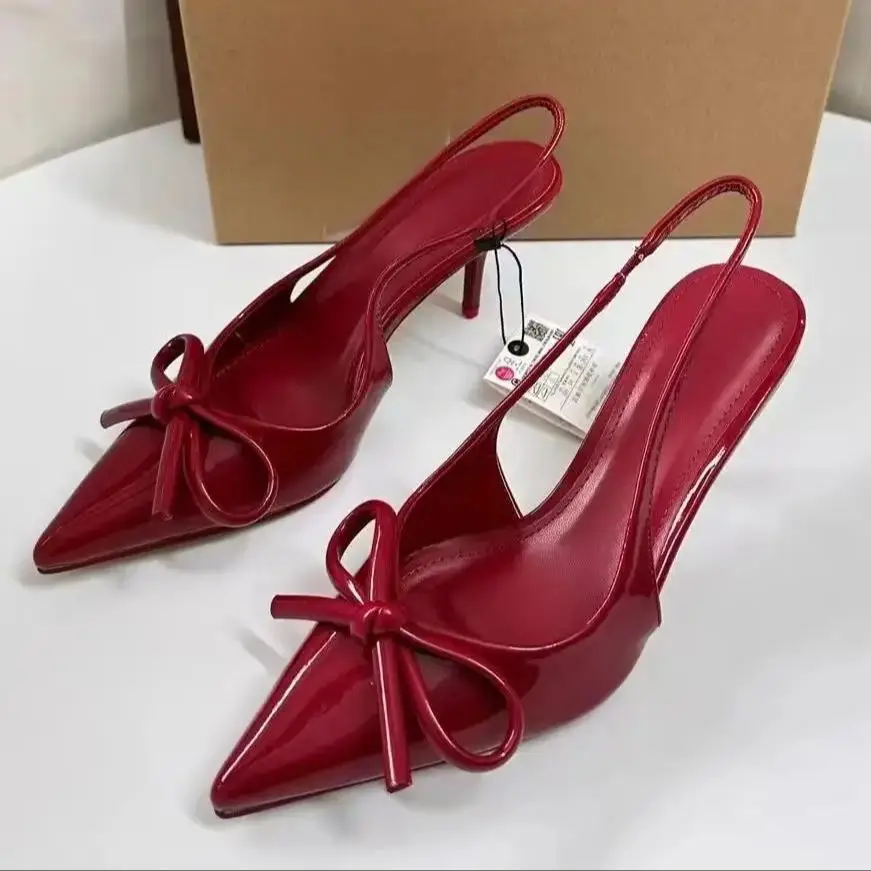 TRAF-zapatos de tacón alto con lazo rojo para mujer, calzado Sexy de charol con punta estrecha, elegantes, Otoño, 2024