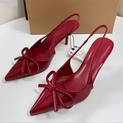 TRAF Red Bow Slingbacks High Heels For Woman Sexy Pointed Toe Patent Leather High Heels 2024 Autumn Elegant Woman Heeled Shoes