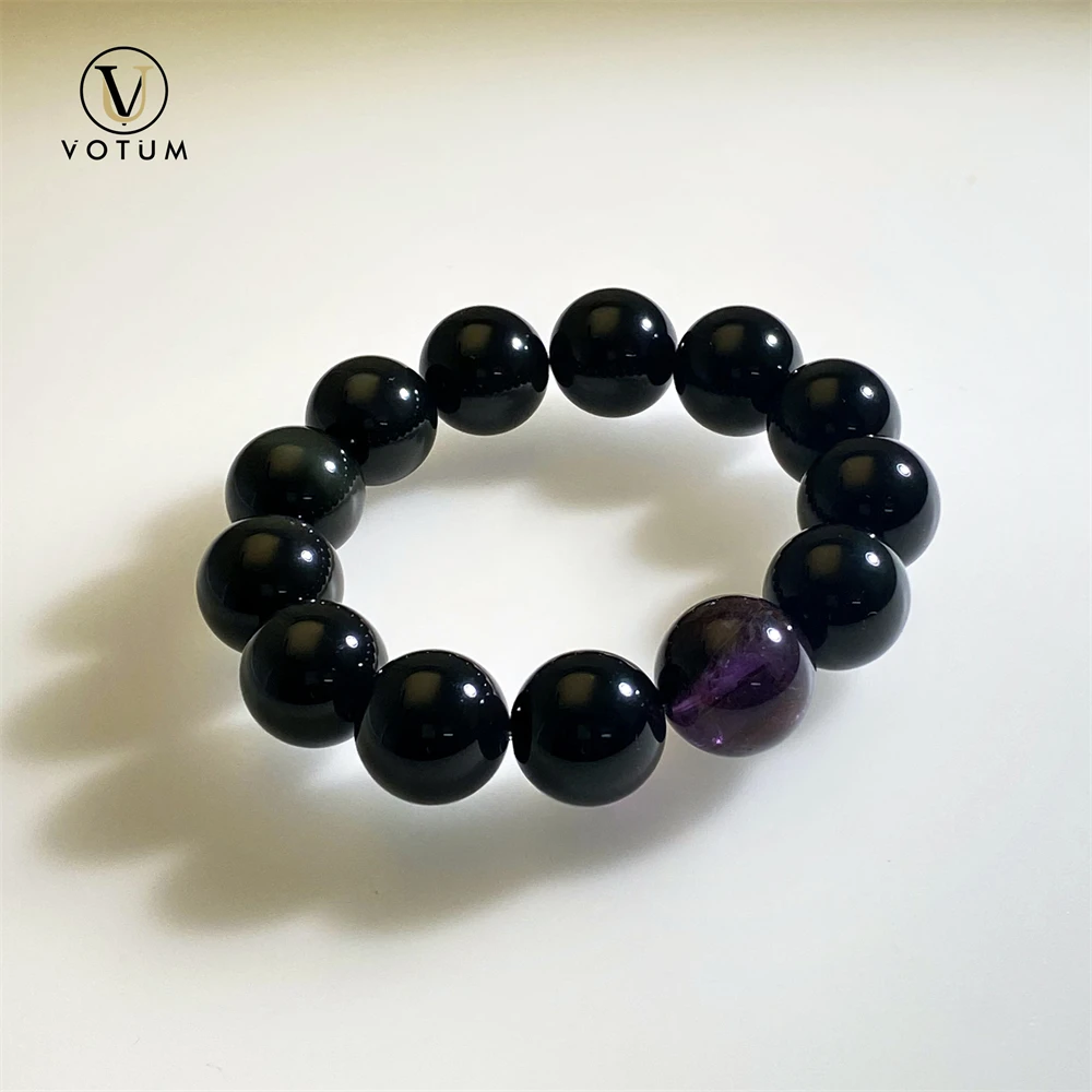 

Votum 14m Pure Black Obsidian Purple Phantom Bracelet for Women Men Crystal Stone Bracelets Birthstone Gift Daily Jewelry