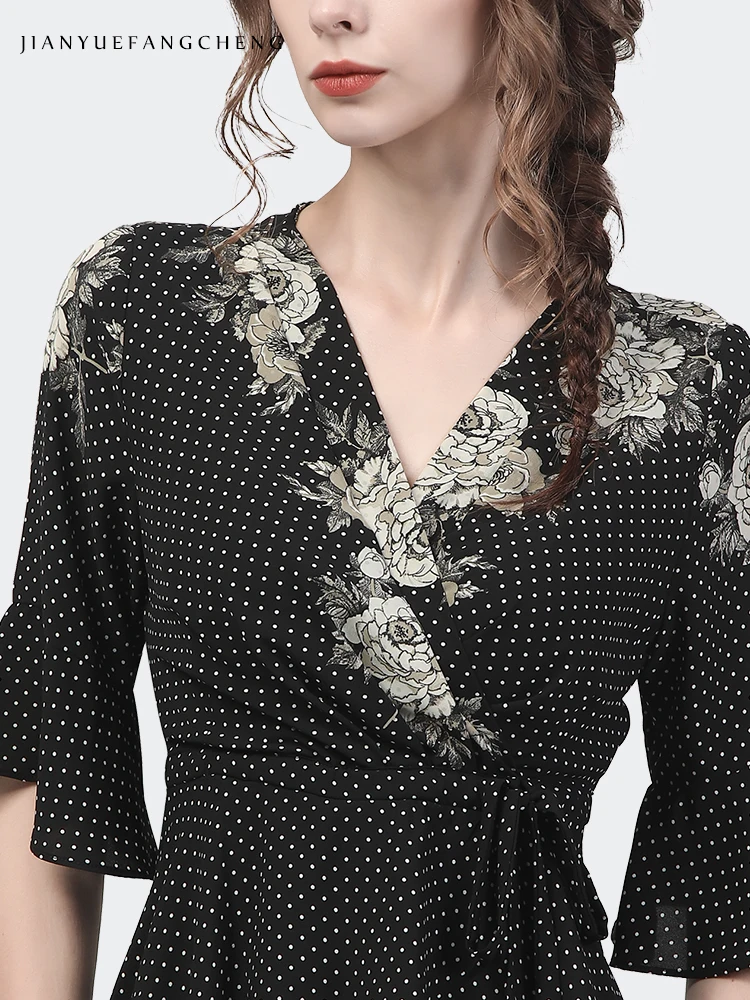 Fashion Women\' Summer Black Polka Dots Tuxedo Shirts Floral Blouses Short Sleeve V-Neck Drawstring Lace-Up Long Tail Tunic Tops