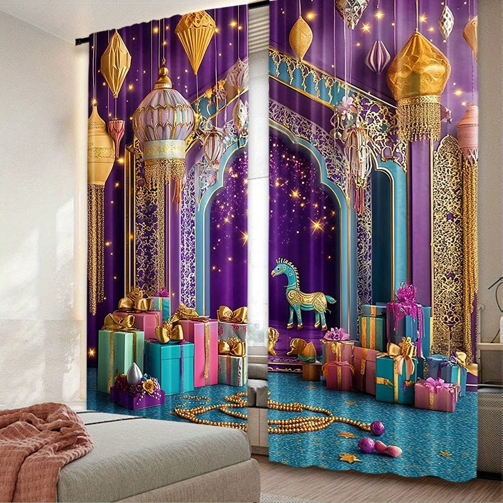 Ramadan Mubarak Curtains, Arabic Lantern Mosque Window Drapes, Purple Islamic Decor Blackout Fabric for Living Room Bedroom Home