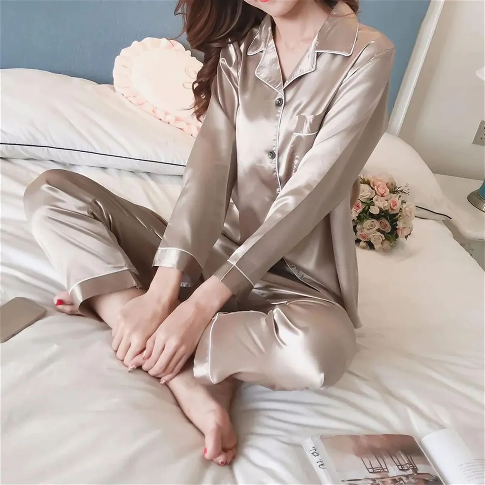 Pijamas de seda cetim cor sólida conjuntos de pijama longo botão para baixo pijamas plus size roupas para casa pijamas femininos loungewear novo