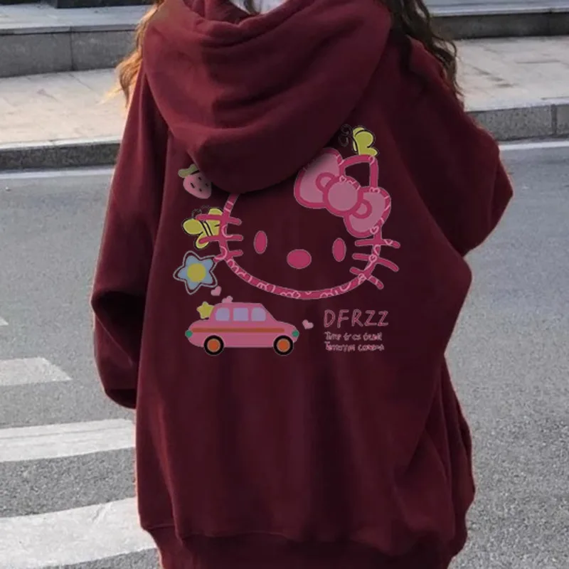 

Sanrio Hello Kitty Hoodie Kawaii Red Christmas New Year 2024 Sweater Long Sleeve Oversize Women Loose Winter Plush Thickened Top