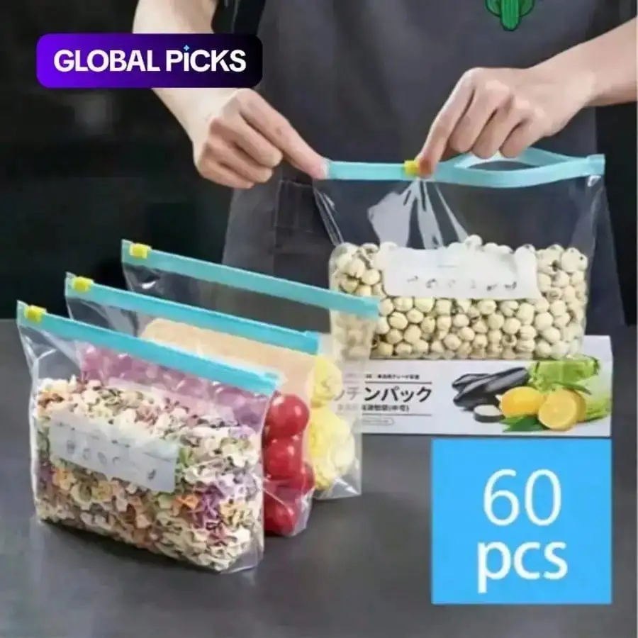 60pcs Leak Proof Reusable Snack Containers for Fruits Vegetables Meat Kitchen Tissue Essentials with Zipper Slide Feature