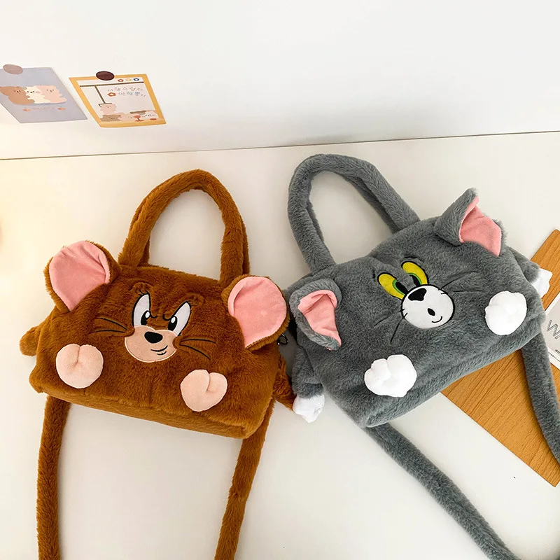 Tom and Jerry Cute Cartoon Plush Handbags Kawaii Fluffy Stuffed Toy Backpack Lovely Inclined Shoulder Bag Adorkable Periphery