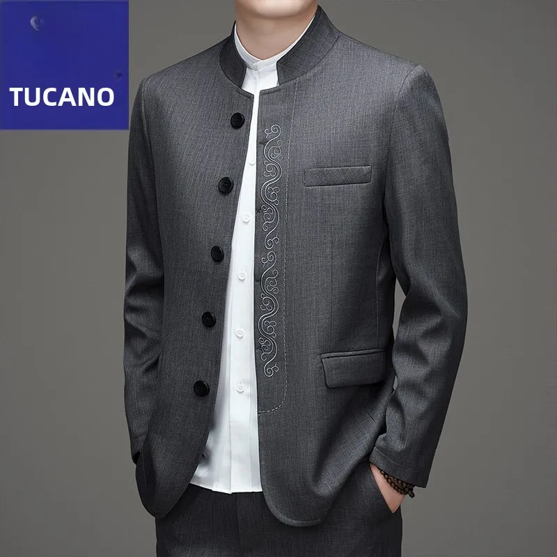 

Новый китайский мужской костюм для папы на весну и осень, деревянный душ для среднего возраста и ли, комплект из полиэстера с вышивкой...