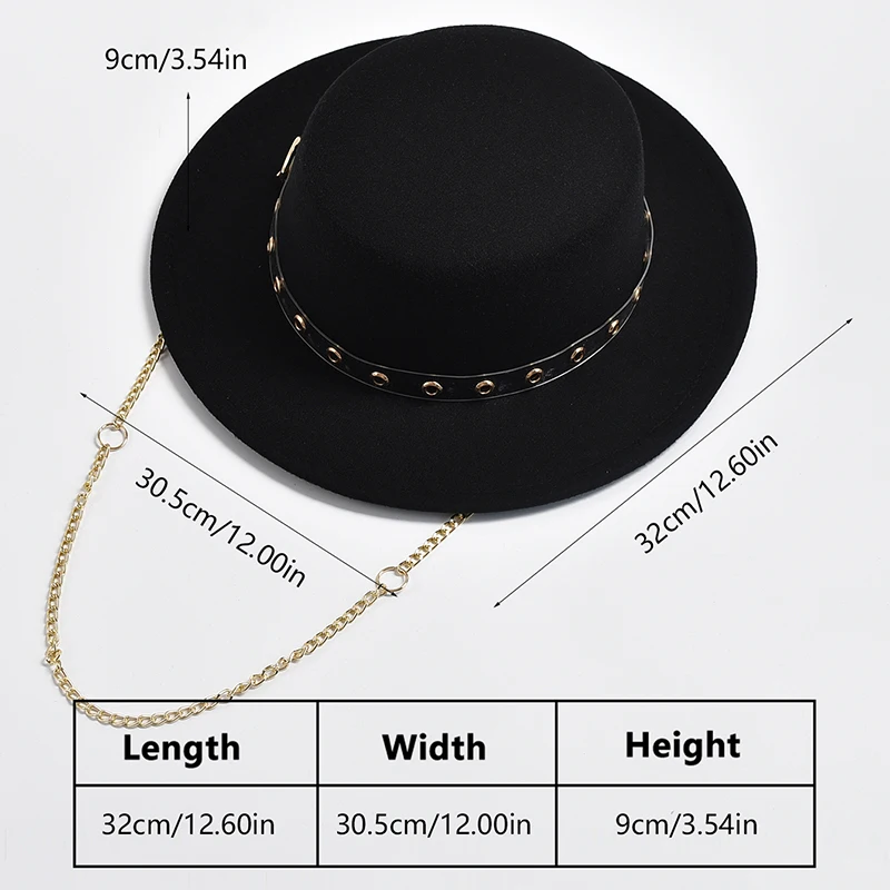 New Flat Top Fedora Hat for Women Metal Chain Decor Felt Jazz Hats Autumn Winter Elegant Wedding Party Hat Chapeau Femme