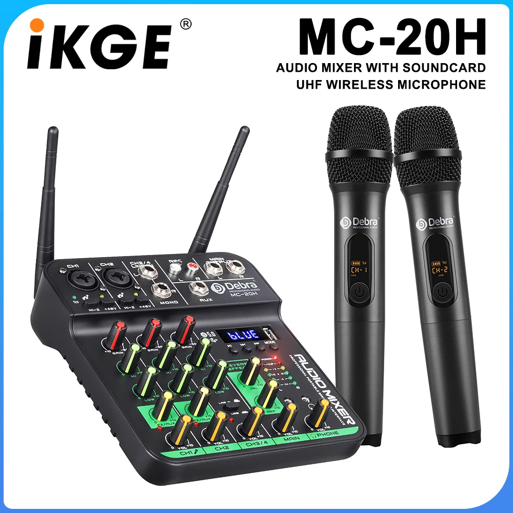 

IKGE MC-20H 4-channel audio mixer with wireless microphone, USB port, Bluetooth 5.0, 48V phantom power for studio, karaoke
