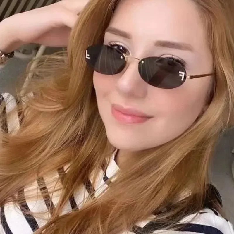 フレームレスオーバルサングラスジルコンファッショントレンドパーソナライズされた高級ブランドデザインUV耐性のあるクールなサングラス女性と男性用