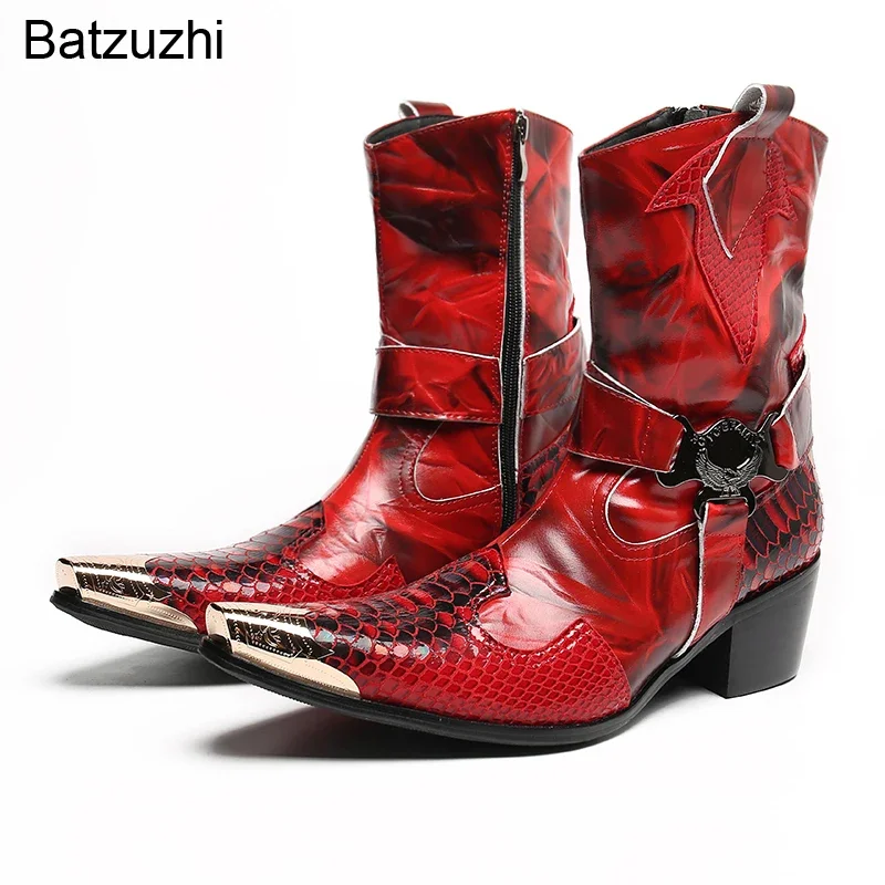 Batzuzhi 6.5cm High Heels Men's Boots Shoes Metal Toe Red Leather Boots Men Medium Long Motorcycle, Cowboy, Party Boots for Men