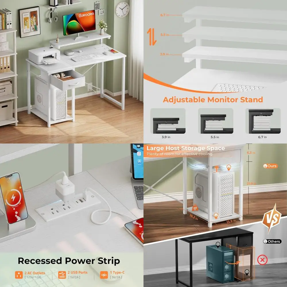 Escritorio con soporte para monitor ajustable, escritorio de oficina compacto 47,2 con estantes reversibles y amplio espacio de trabajo
