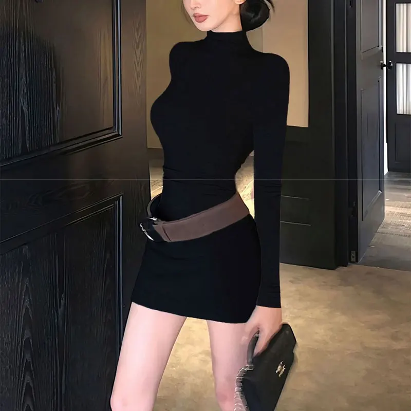 

French Style Aura Slim Bag Hip Dresses Women's Clothing Solid Color Autumn Half High Collar Basic Long Sleeve Sashes Mini Dress