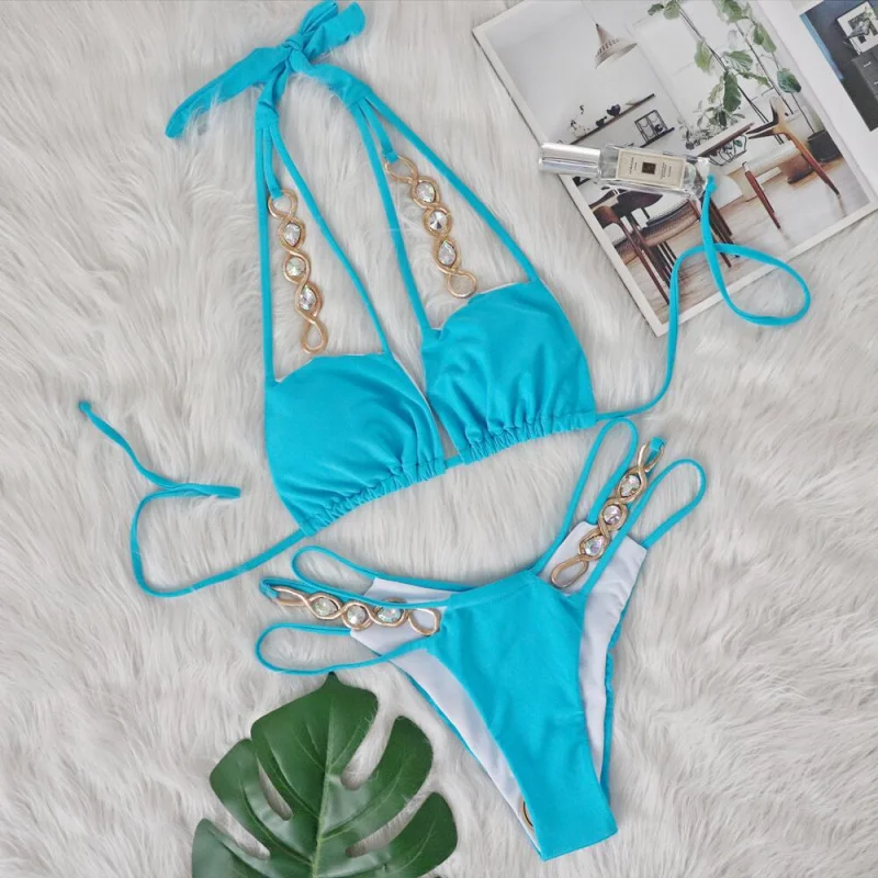 

Removable Chest Pad Bikini Crystal Diamond Swimsuit Bandage Hollow High Waist Split Swimsuit