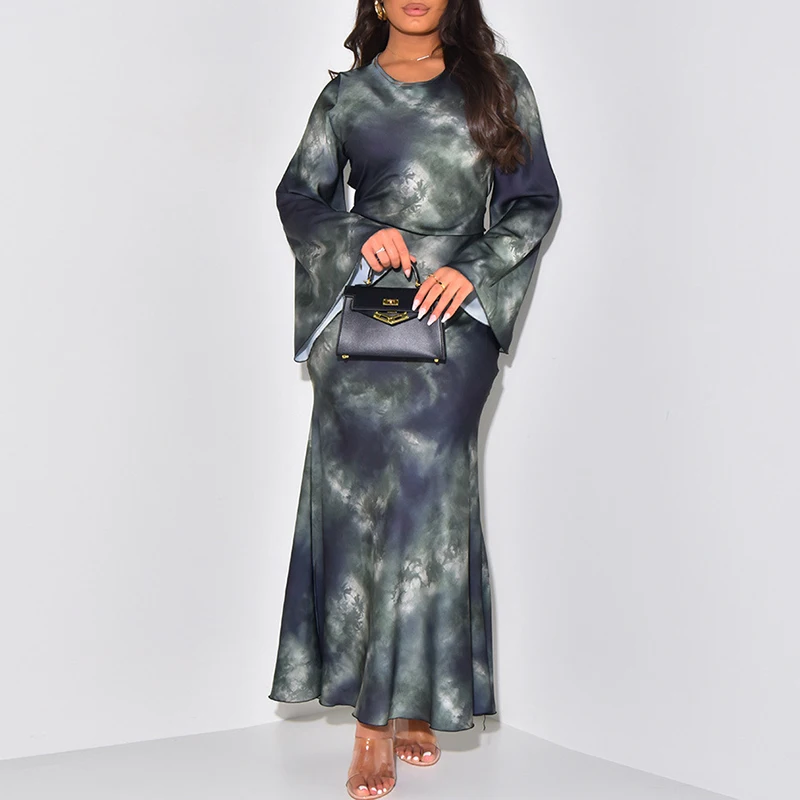 

Fashion Back Tie-up Ethnic Dress Elegant Mermaid Tie-dyed Crew Neck Maxi Dress Women Show Style Satin Silk One Piece Party Dress