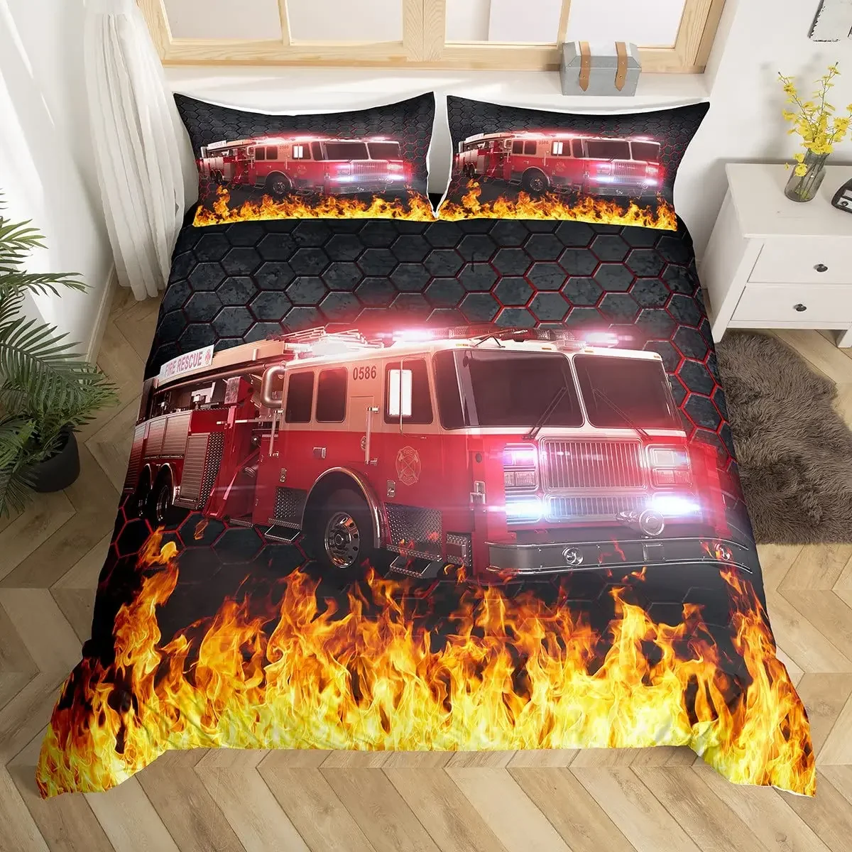 Firefighter Car Duvet Cover Set,Fire Truck Bedding Set King, Honeycomb and Fire Comforter Cover Fire Engine Vehicle Quilt Cover