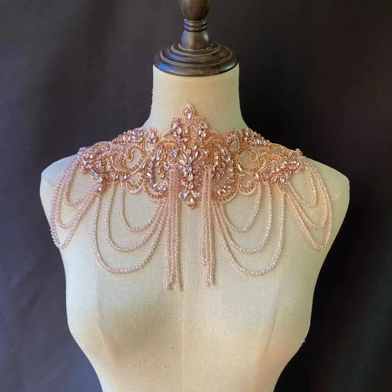 Fashion Pink Handcrafted Tassel Chains Rhinestone Applique Fringe Bodice Patch  for Dress,Bridal Sash Neckline,DIY Clothing