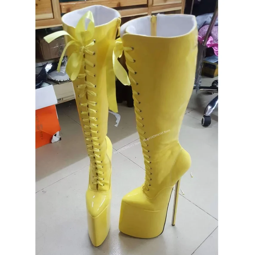 

Yellow Lace Up Knee High Boots Thin High Heel Pointed Toe Fashion Sexy Cool 2025 Winter Big Size Woman Shoes Zapatillas Mujer
