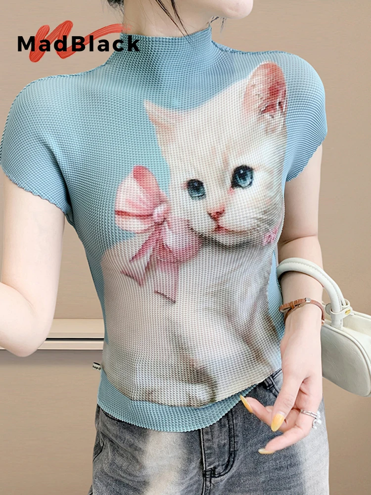 

MadBlack-Women's European T-Shirt, Sexy Mock Neck Cat Printed, Streetwear Short Sleeve Slim S-3XL Knit Tee, 2025 Summer T55013CC