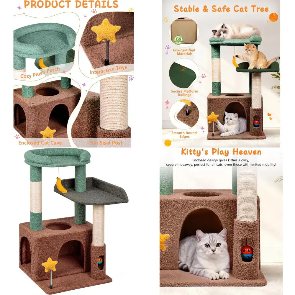 

Дерево для кошек оливково-зеленого цвета, высотой 32 дюйма, с домиком, плюшевой платформой, гамаком, стойками для когтеточков, подвесным мячиком и щеткой для самоочистки