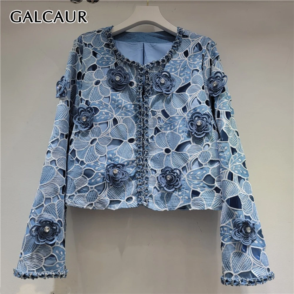 

GALCAUR Blue Spliced Embroidery Jacket Female O Neck Long Sleeve Patchwork Hollow Out Design Women's Jackets Autumn Fashion New