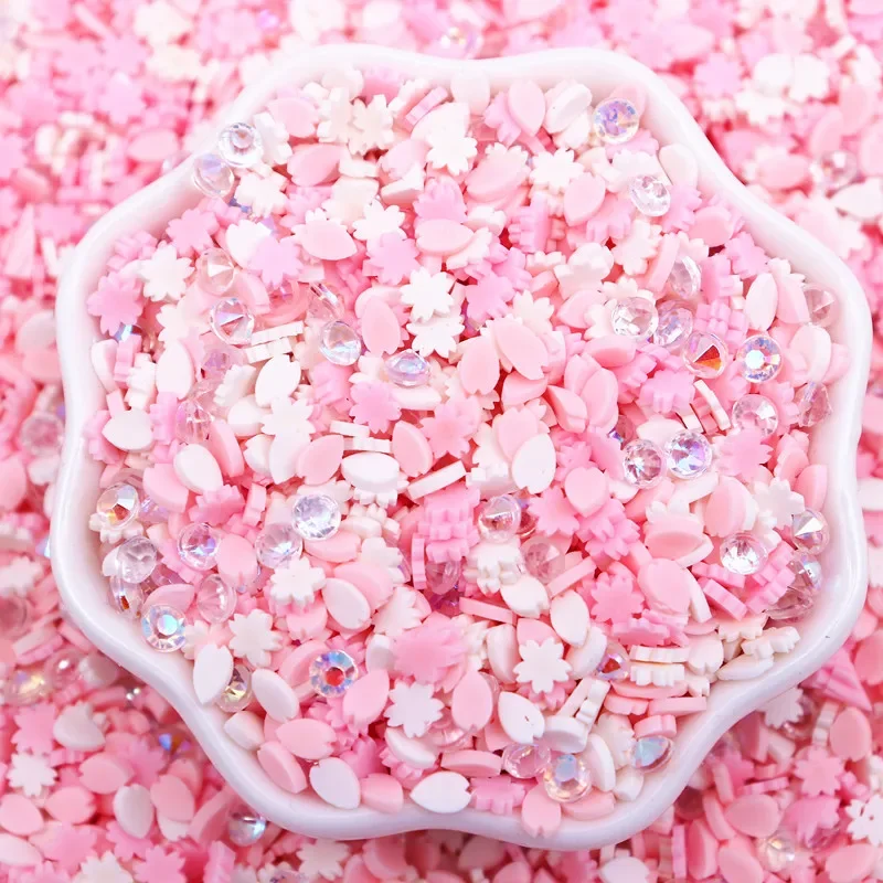 50g 5mm Pink Series Sakura Clay Slices with Fake Diamond Polymer Clay Sprinkles for Shaker Project Slime Crafts Accessories