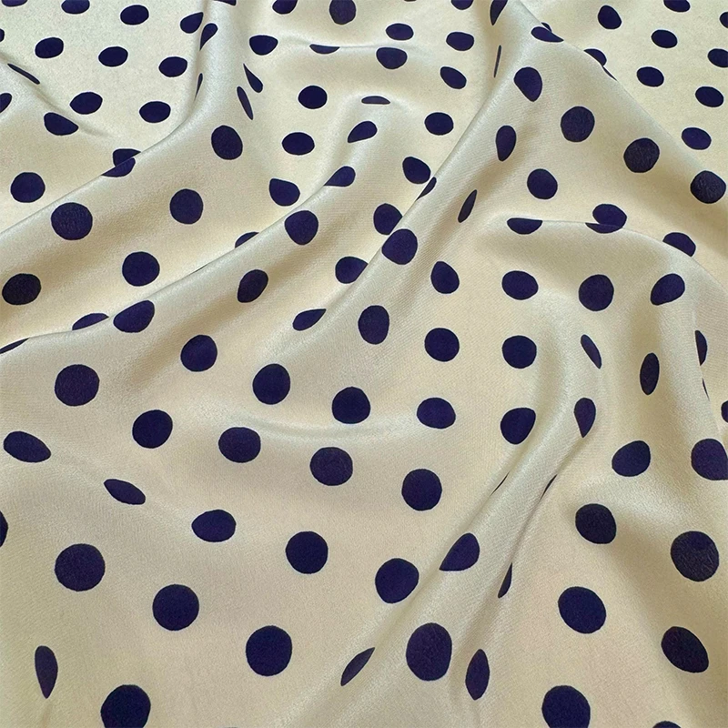 

1 meter 100% Mulberry Silk 16 momme Crepe Silk Fabric Beige With Navy Point Printed 140cm 55" wide by the yard JX227