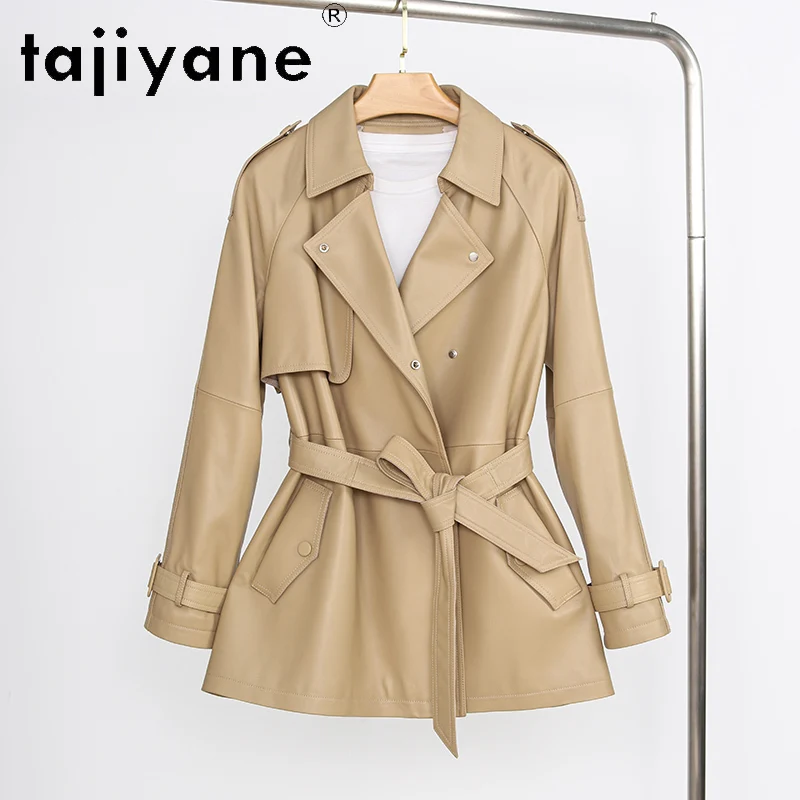 Tajeyane-gabardina de piel de oveja auténtica para mujer, chaqueta elegante de longitud media con cinturón, Abrigos de primavera y otoño