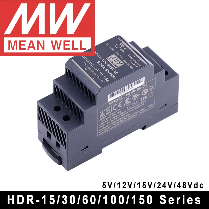 Oryginalny średni HDR-30-12 DC 12V 2A 24W meanwell Ultra cienki Step Shape DIN Rail zasilacz
