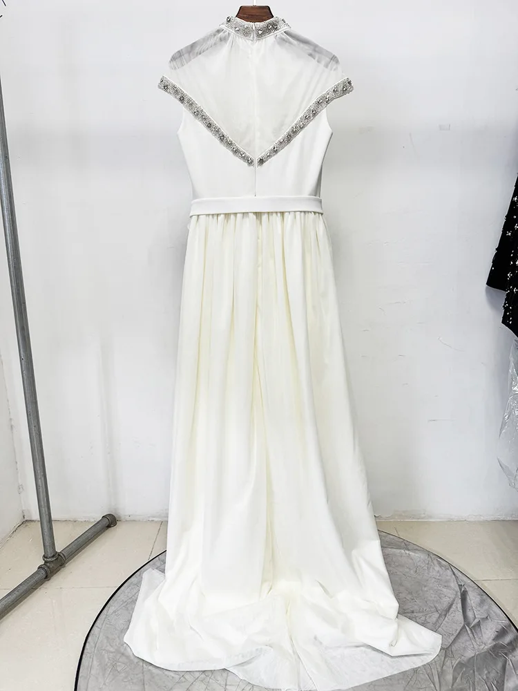 HIGH QUALITY White Rhinestone Beaded Evening Dress Sleeveless Mesh Splicing Long Dress with Belt 2026 Newest Formal Party Gown