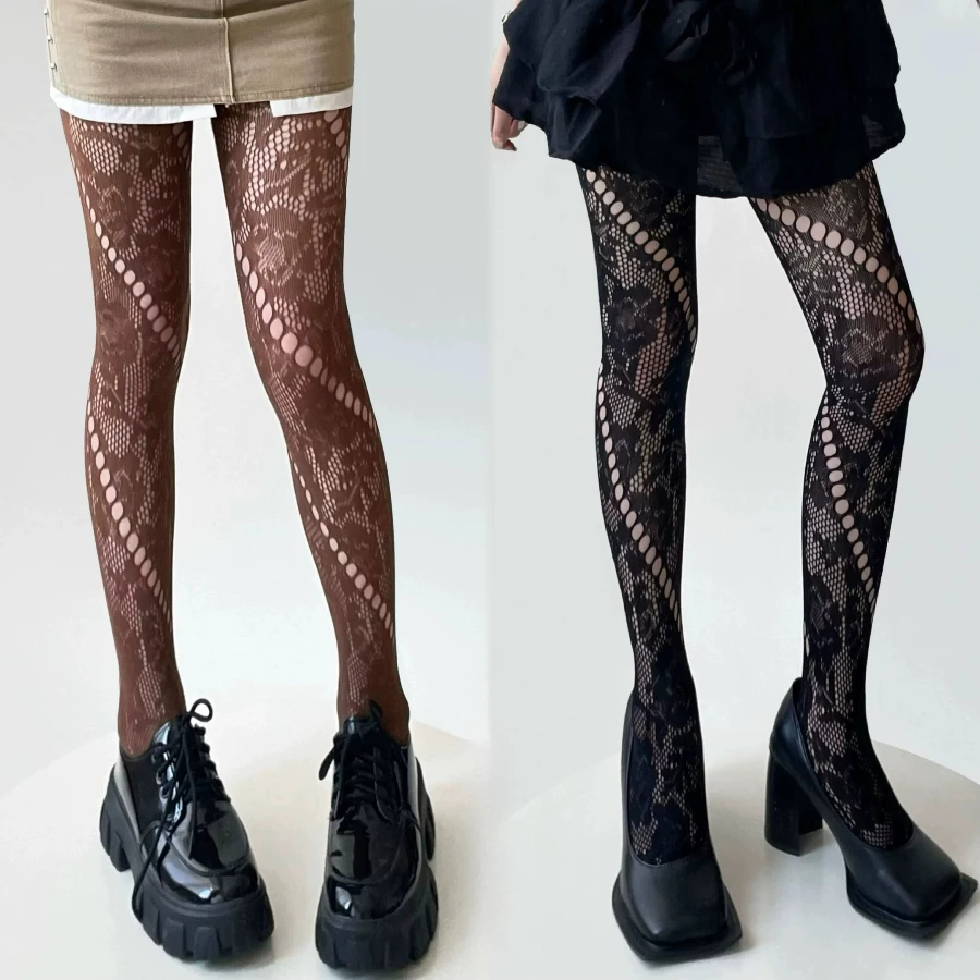 Neue japanische Retro-Mode: Diagonale Netzstrumpfhose mit Lochmuster und Jacquard-Spitze – Sexy Blumen-Netzstrumpfhose für Damen