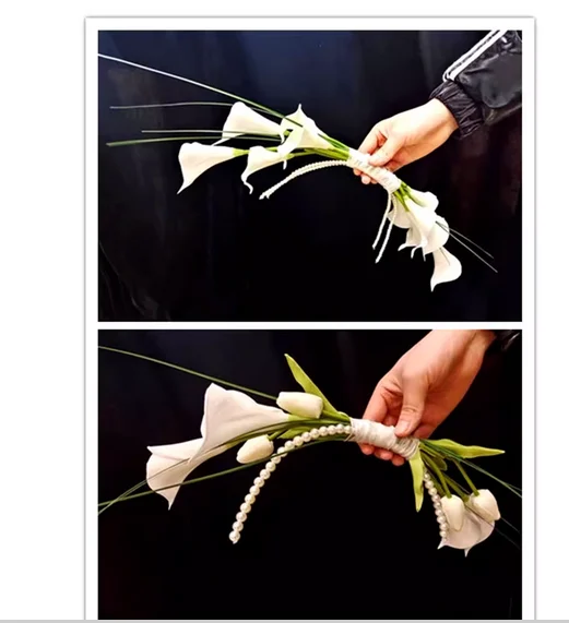 

Фотография натюрморт сплошной цвет фон стена ретро невеста держит калла лилия тюльпан красивый французский букет горячий