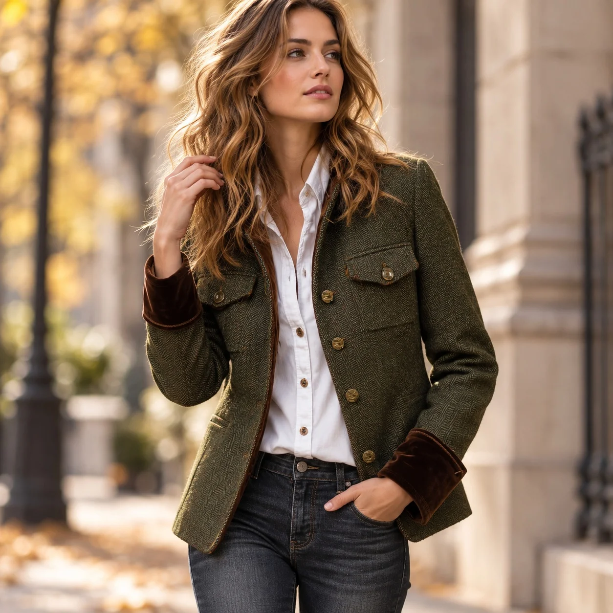 Ultra Thin Tweed Coat Regular Fit Retro Long Length Long Sleeve Women Autumn Coat with Herringbone Pattern Button Closure