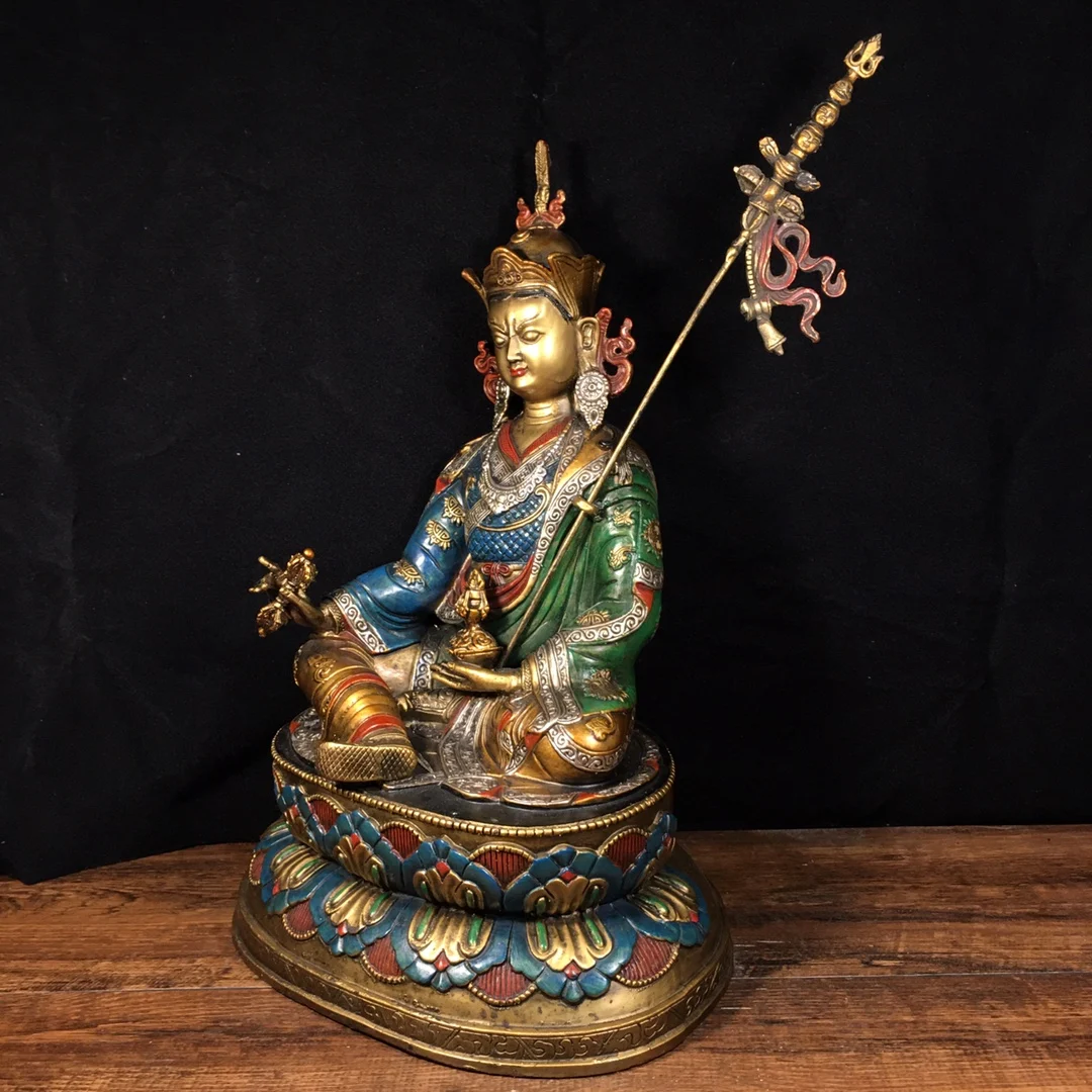 

14"Tibetan Temple Collection Old Bronze Painted Guru Rinpoche Padmasambhava Sitting Buddha Lotus Platform Worship Hall