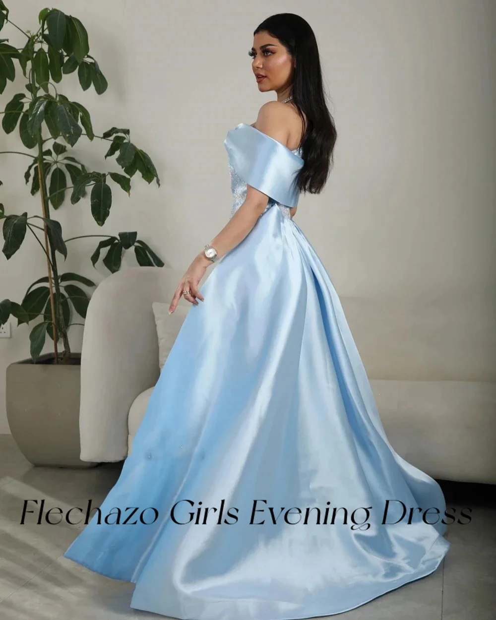 Flechazo Sky Blue Satin Prom Dresses Off Shoulder Beads Floor-length Formal Occasion Party Dress For Women 2024 vestidos de gala